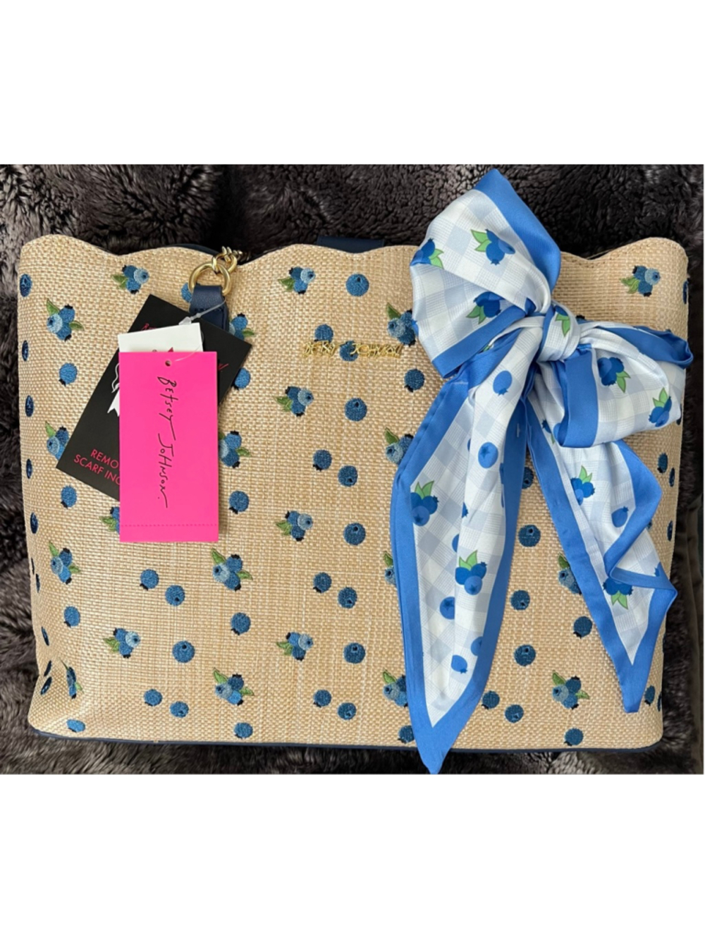 Women's Betsey Johnson Tote Bag One Size Beige Blue Blueberry Print - Picture 2 of 11
